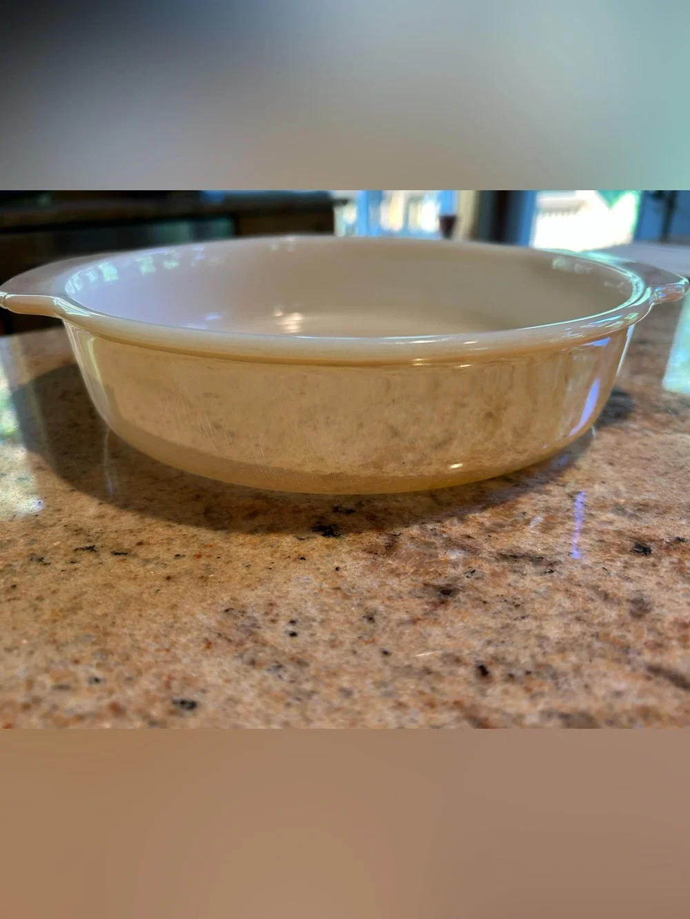 Fire King Peach Lustre Round 1Qt Opalware #447 Baking Dish w/ Handles 8.75” dia.